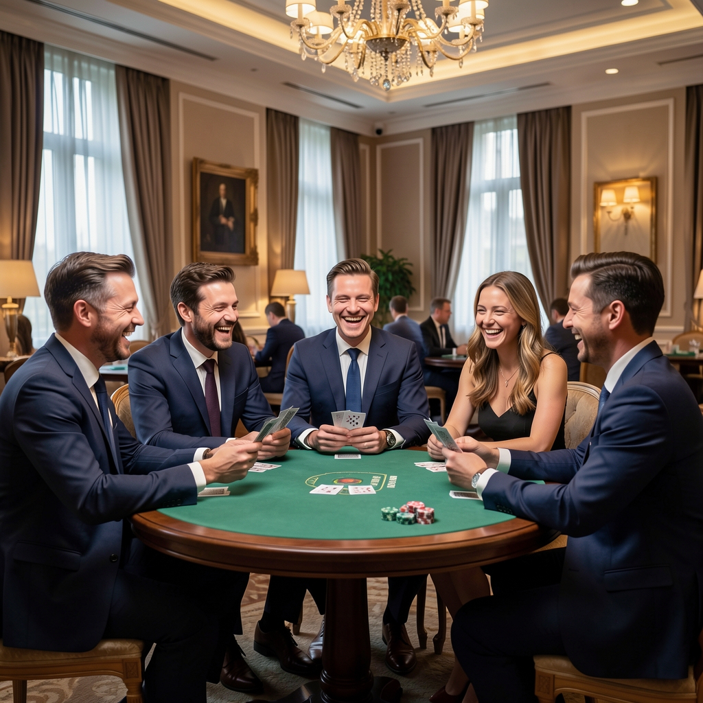 Kilka elegancko ubranych osób siedzących przy okrągłym stole pokerowym w klimatycznie oświetlonej sali, śmiejących się i trzymających karty do gry