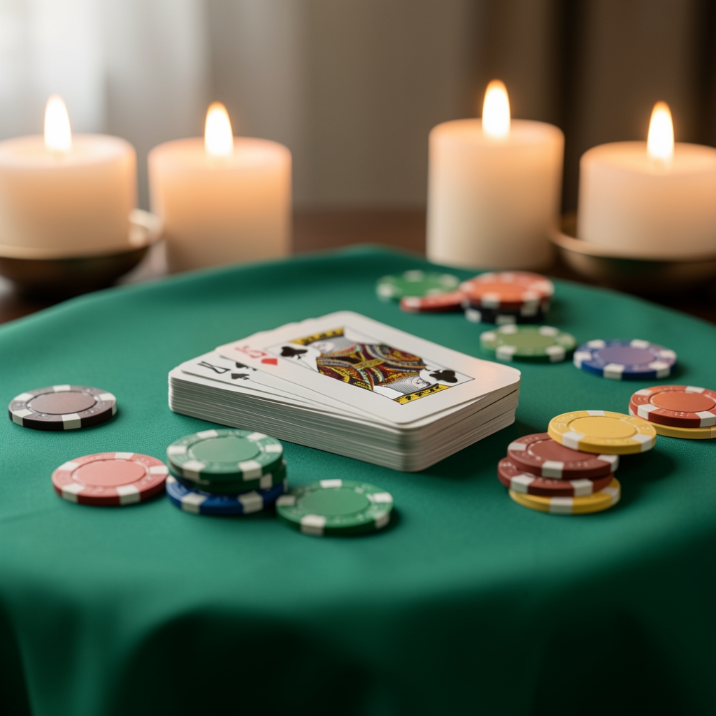 Bliska perspektywa stołu do gry w karty, talia kart pokerowych ułożona na zielonym suknie, żetony pokerowe w różnych kolorach na blacie, miękkie lampki świeczkowe w tle
