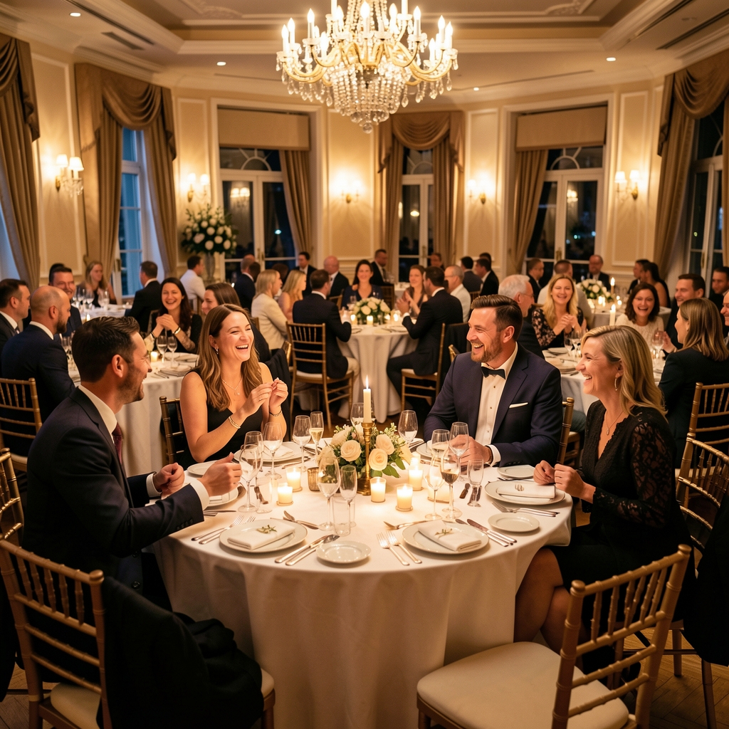 Elegancka sala eventowa z ciepłym oświetleniem, okrągłymi stołami nakrytymi do wieczoru towarzyskiego, przy których siedzą dobrze ubrane grupy ludzi śmiejące się i rozmawiające